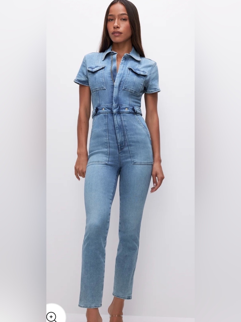 Good American Light Blue Denim Short-Sleeve Jumpsuit